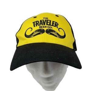 The Traveler Beer Co Trucker Mesh Snap Back Baseball Hat Mustache Black Yellow